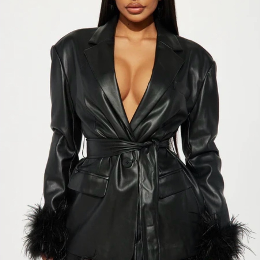 Fashion Nova Black Faux Leather Blazer with Feather Cuffs